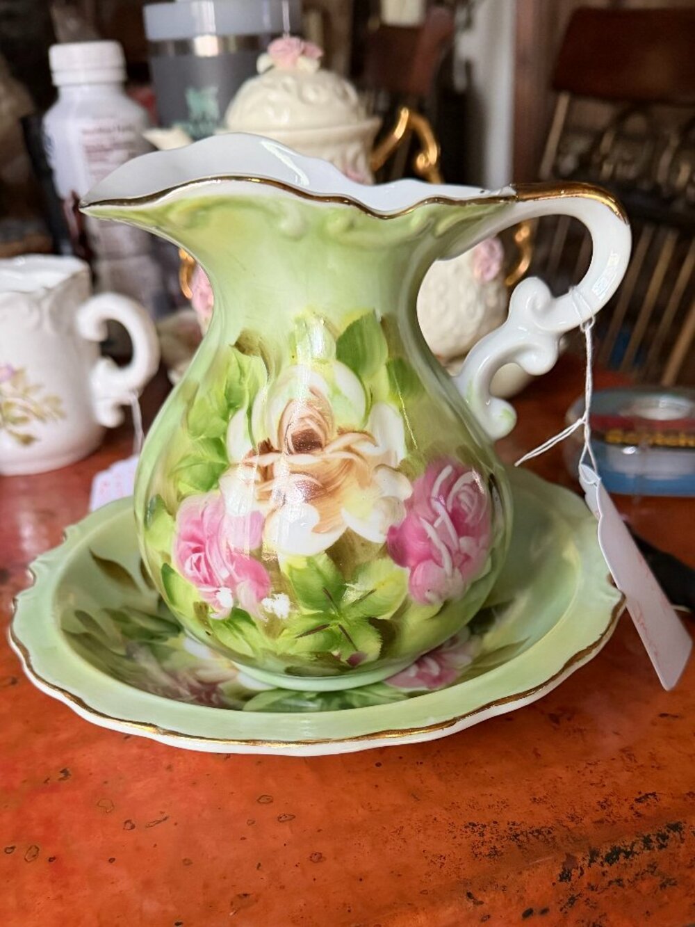 Vintage hand-painted porcelain miniature water pitcher and basin set